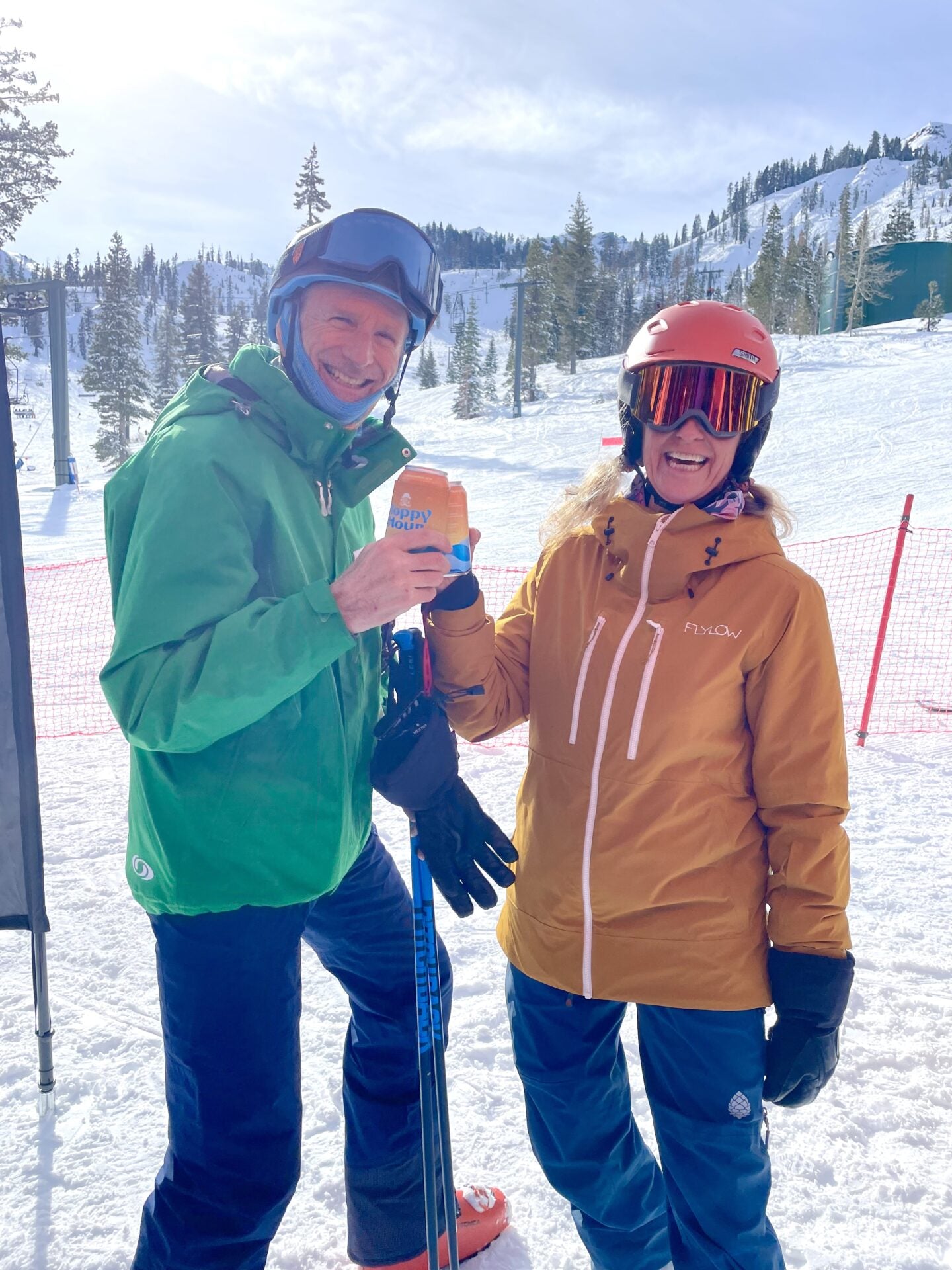 Skiers holding Hoppy Hour